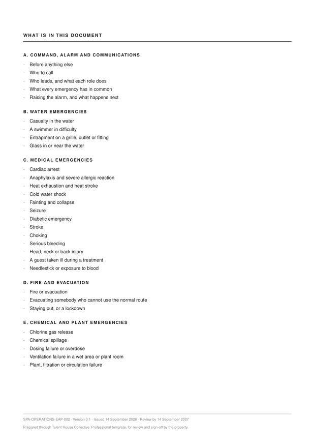The emergency contacts page listing who to call, with blank fields for each number