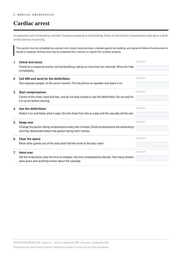 A page from the Emergency Action Plan covering cardiac arrest, with numbered actions and a blank column for who does each one