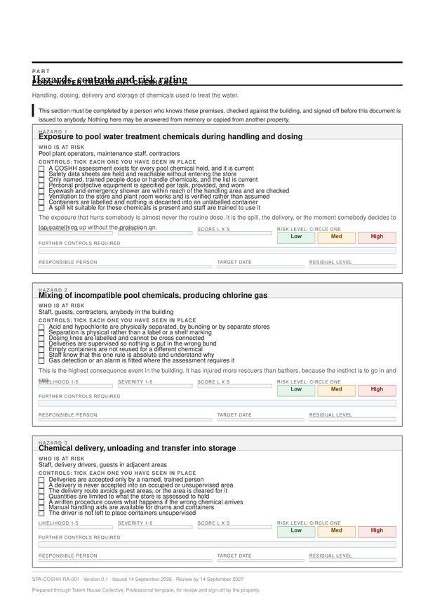 A hazard block listing controls with tick boxes and blank fields for likelihood, severity and score