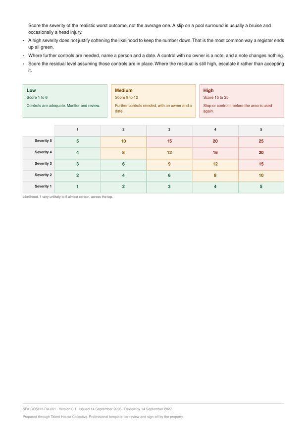 A five by five risk matrix printed in green, amber and red, with the score in every cell